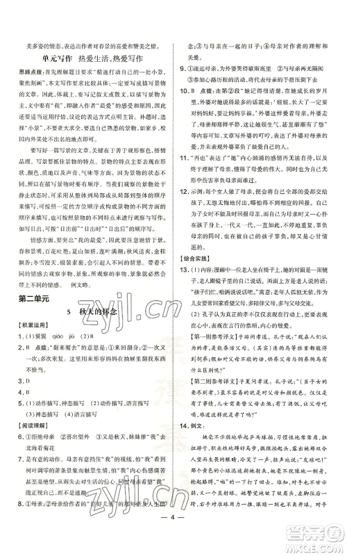 吉林教育出版社2022秋季点拨训练七年级上册语文人教版参考答案