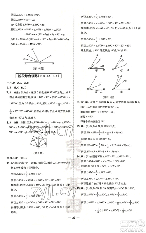 山西教育出版社2022秋季点拨训练七年级上册数学华师大版参考答案