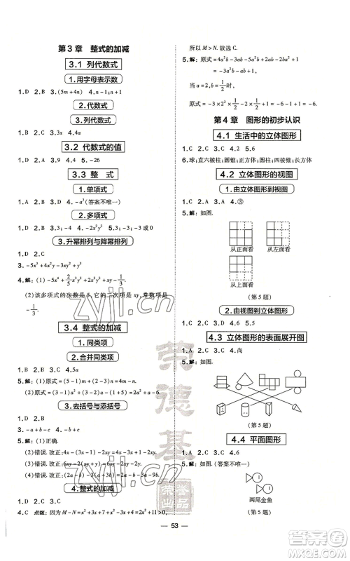 山西教育出版社2022秋季点拨训练七年级上册数学华师大版参考答案