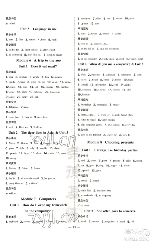安徽教育出版社2022秋季点拨训练七年级上册英语外研版安徽专版参考答案