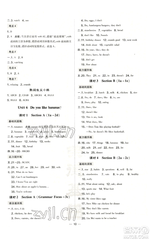 安徽教育出版社2022秋季点拨训练七年级上册英语人教版河南专版参考答案