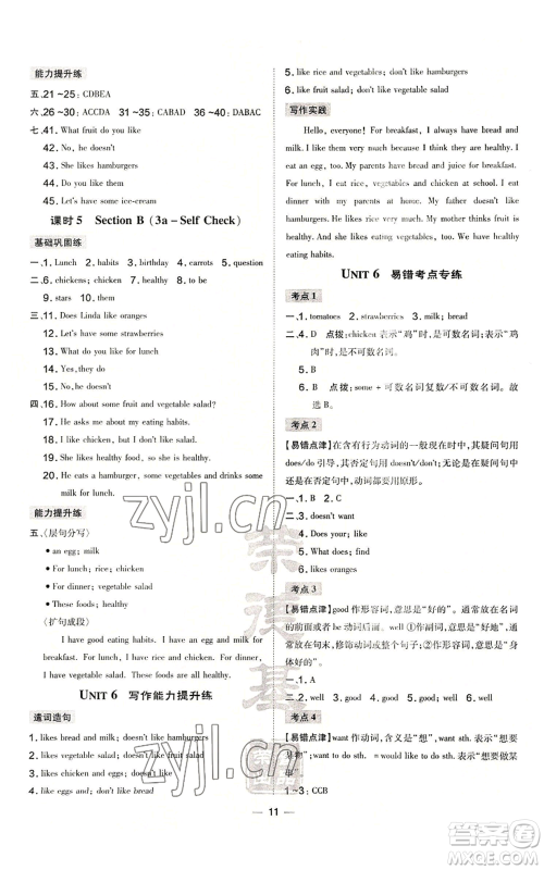 安徽教育出版社2022秋季点拨训练七年级上册英语人教版河南专版参考答案