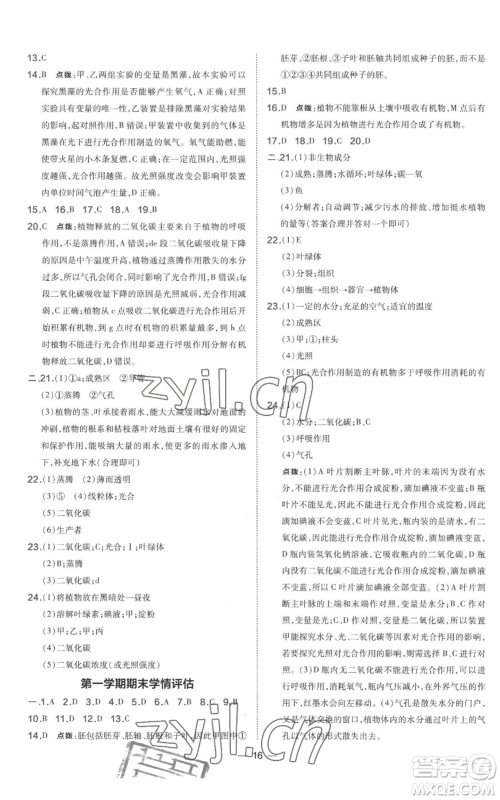吉林教育出版社2022秋季点拨训练七年级上册生物人教版参考答案 吉林教育出版社2022秋季点拨训练七年级上册生物人教版参考答案