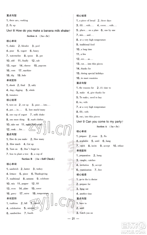 安徽教育出版社2022秋季点拨训练八年级上册英语人教版安徽专版参考答案 安徽教育出版社2022秋季点拨训练八年级上册英语人教版安徽专版参考答案