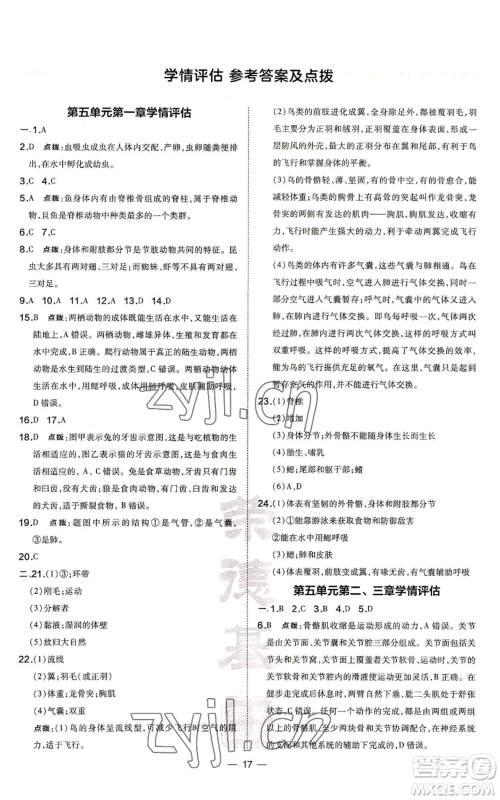 吉林教育出版社2022秋季点拨训练八年级上册生物人教版参考答案 吉林教育出版社2022秋季点拨训练八年级上册生物人教版参考答案