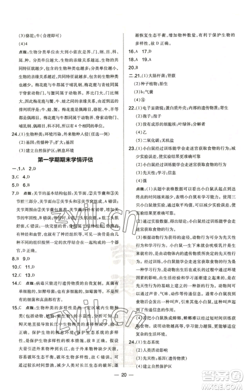 吉林教育出版社2022秋季点拨训练八年级上册生物人教版参考答案 吉林教育出版社2022秋季点拨训练八年级上册生物人教版参考答案