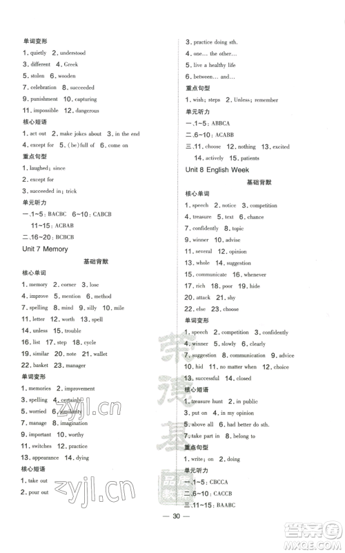 山西教育出版社2022秋季点拨训练八年级上册英语沪教版参考答案 山西教育出版社2022秋季点拨训练八年级上册英语沪教版参考答案