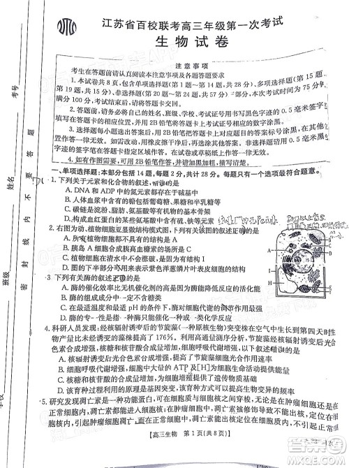 2023届江苏省百校联考高三年级第一次考试生物试卷及答案 2023届江苏省百校联考高三年级第一次考试生物试卷及答案