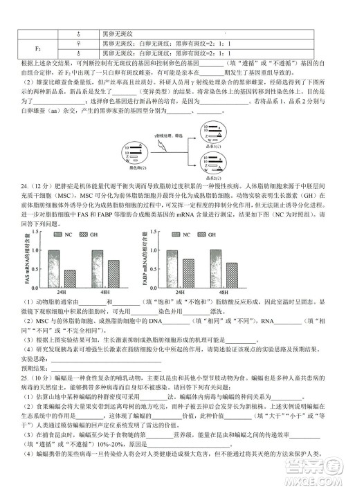 2023届普通高等学校招生全国统一考试青桐鸣9月联考生物试题及答案 2023届普通高等学校招生全国统一考试青桐鸣9月联考生物试题及答案