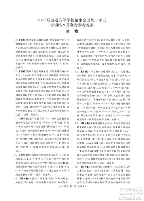2023届普通高等学校招生全国统一考试青桐鸣9月联考生物试题及答案 2023届普通高等学校招生全国统一考试青桐鸣9月联考生物试题及答案