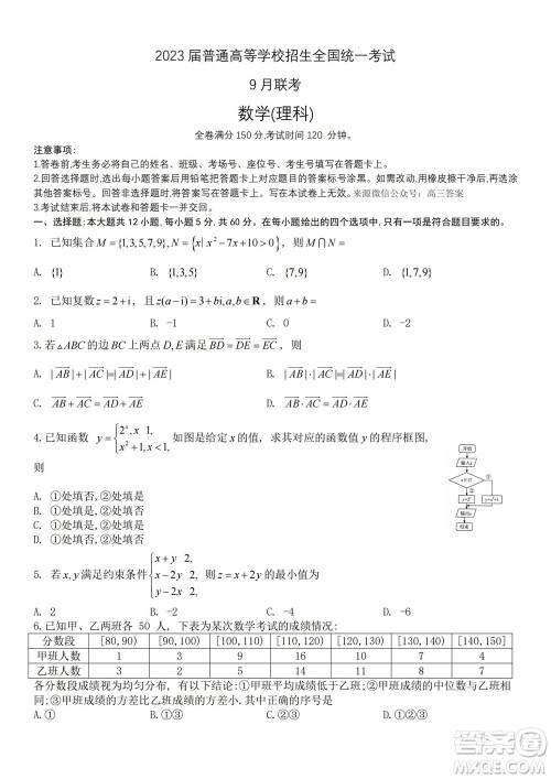 2023届普通高等学校招生全国统一考试青桐鸣9月联考理科数学试题及答案 2023届普通高等学校招生全国统一考试青桐鸣9月联考理科数学试题及答案