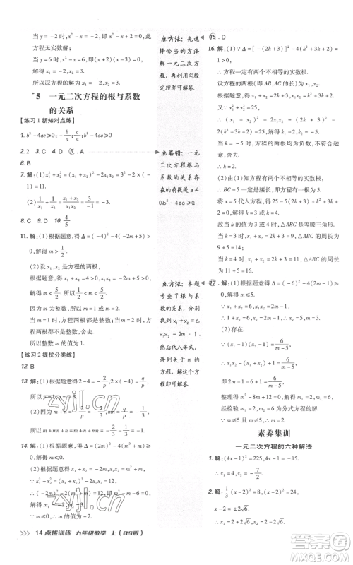 安徽教育出版社2022秋季点拨训练九年级上册数学北师大版参考答案