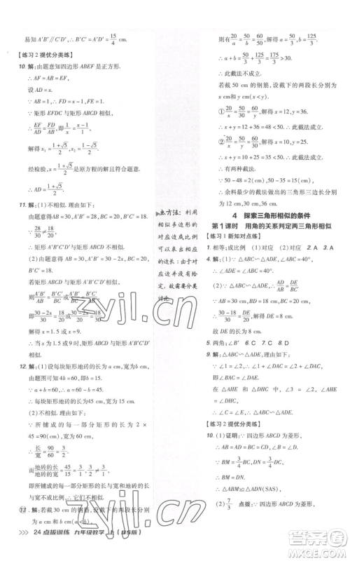 安徽教育出版社2022秋季点拨训练九年级上册数学北师大版参考答案