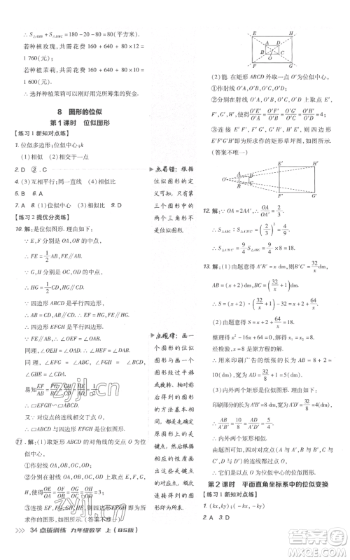 安徽教育出版社2022秋季点拨训练九年级上册数学北师大版参考答案