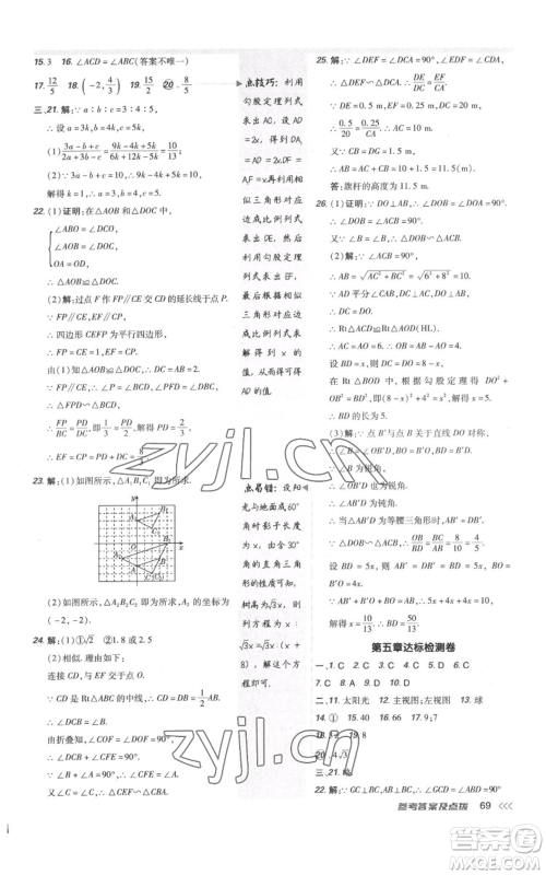 安徽教育出版社2022秋季点拨训练九年级上册数学北师大版参考答案