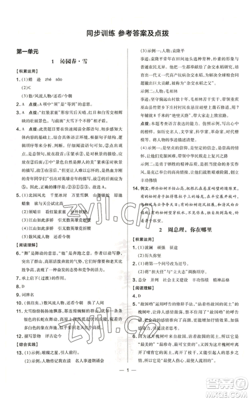 吉林教育出版社2022秋季点拨训练九年级上册语文人教版参考答案
