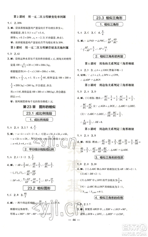 山西教育出版社2022秋季点拨训练九年级上册数学华师大版参考答案