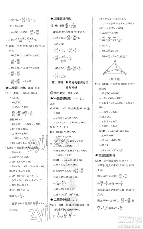 山西教育出版社2022秋季点拨训练九年级上册数学沪科版安徽专用参考答案