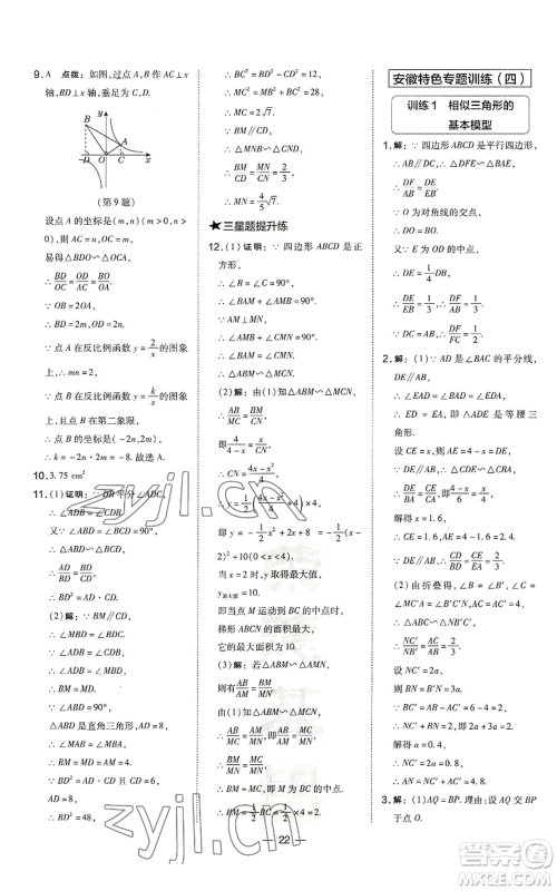 山西教育出版社2022秋季点拨训练九年级上册数学沪科版安徽专用参考答案