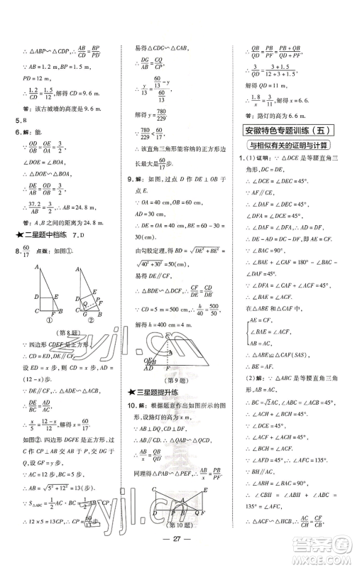 山西教育出版社2022秋季点拨训练九年级上册数学沪科版安徽专用参考答案