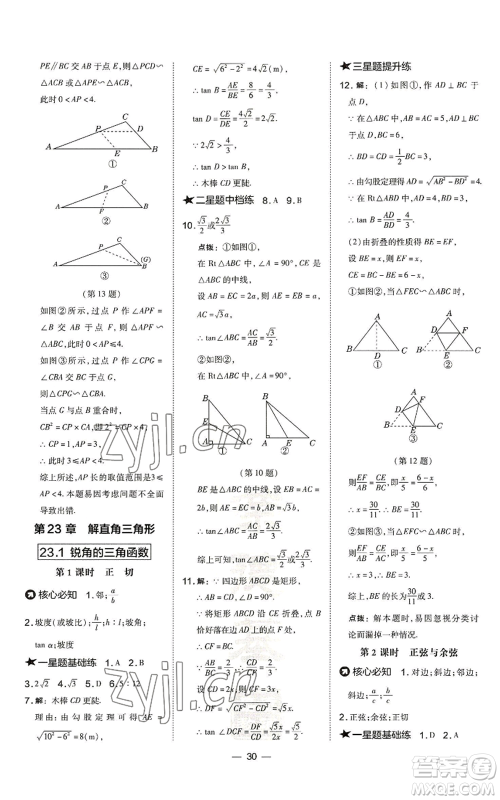 山西教育出版社2022秋季点拨训练九年级上册数学沪科版安徽专用参考答案