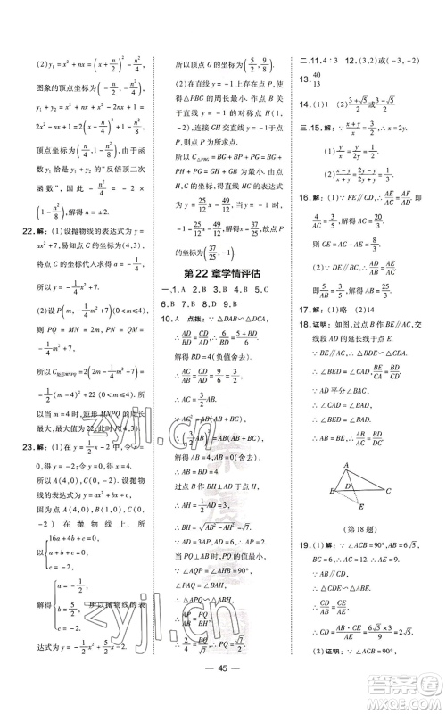 山西教育出版社2022秋季点拨训练九年级上册数学沪科版安徽专用参考答案