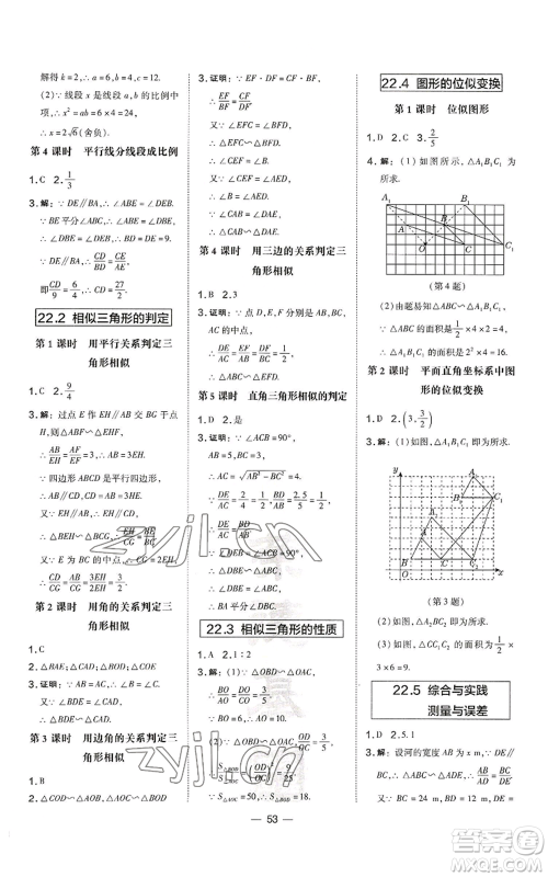 山西教育出版社2022秋季点拨训练九年级上册数学沪科版安徽专用参考答案