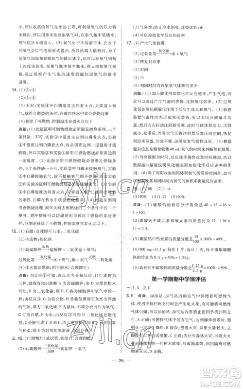 山西教育出版社2022秋季点拨训练九年级上册化学科粤版参考答案