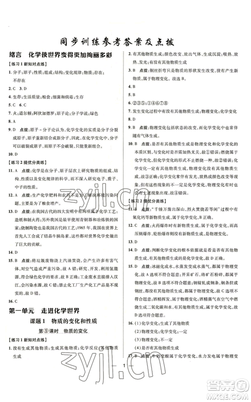 吉林教育出版社2022秋季点拨训练九年级上册化学人教版参考答案