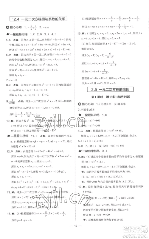 山西教育出版社2022秋季点拨训练九年级上册数学湘教版参考答案