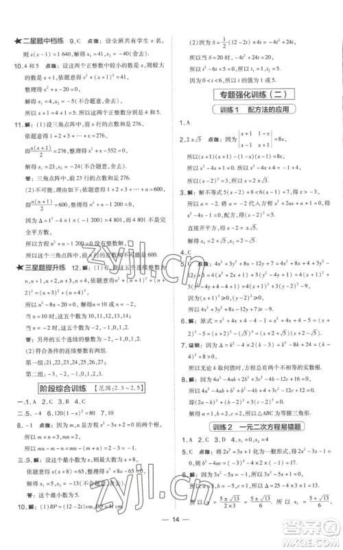 山西教育出版社2022秋季点拨训练九年级上册数学湘教版参考答案