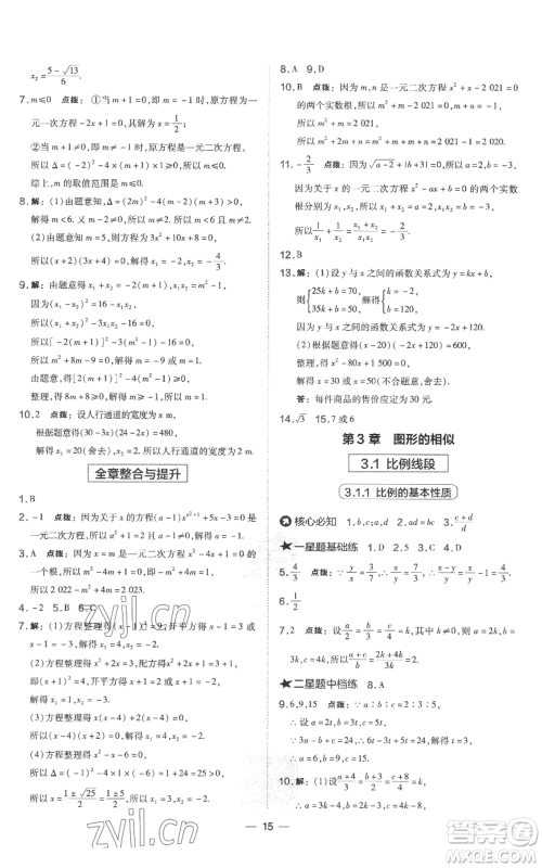 山西教育出版社2022秋季点拨训练九年级上册数学湘教版参考答案