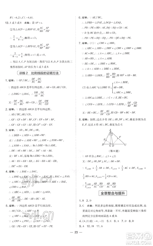 山西教育出版社2022秋季点拨训练九年级上册数学湘教版参考答案