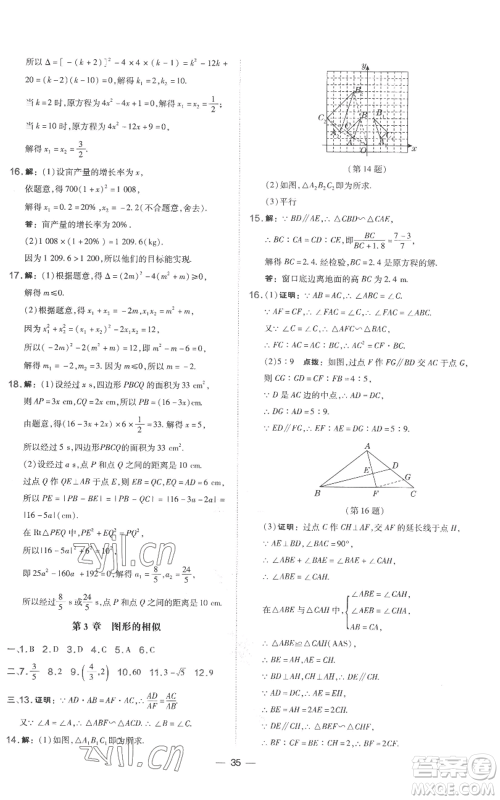 山西教育出版社2022秋季点拨训练九年级上册数学湘教版参考答案