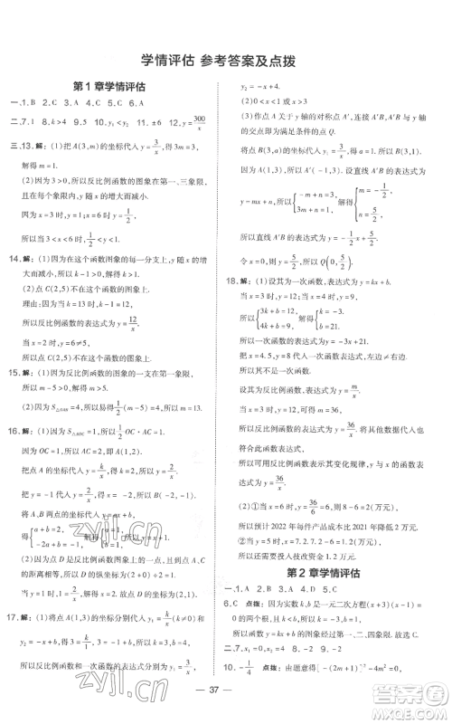 山西教育出版社2022秋季点拨训练九年级上册数学湘教版参考答案