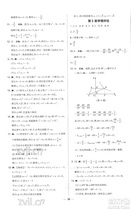 山西教育出版社2022秋季点拨训练九年级上册数学湘教版参考答案