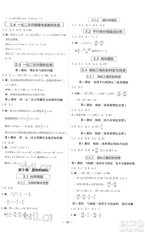 山西教育出版社2022秋季点拨训练九年级上册数学湘教版参考答案