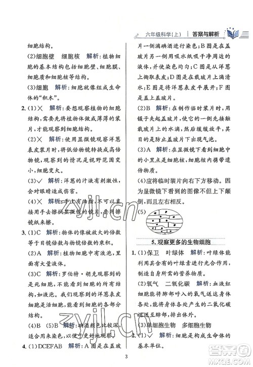 陕西人民教育出版社2022小学教材全练六年级科学上册教育科学版答案