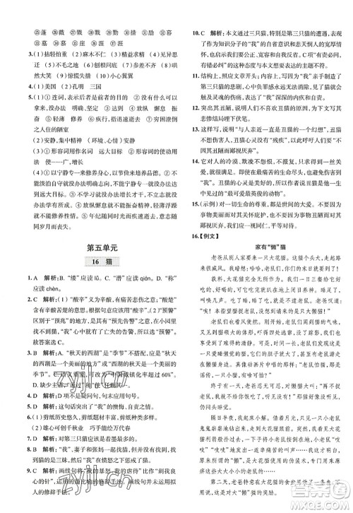 陕西人民教育出版社2022中学教材全练七年级语文上册人教版天津专用答案