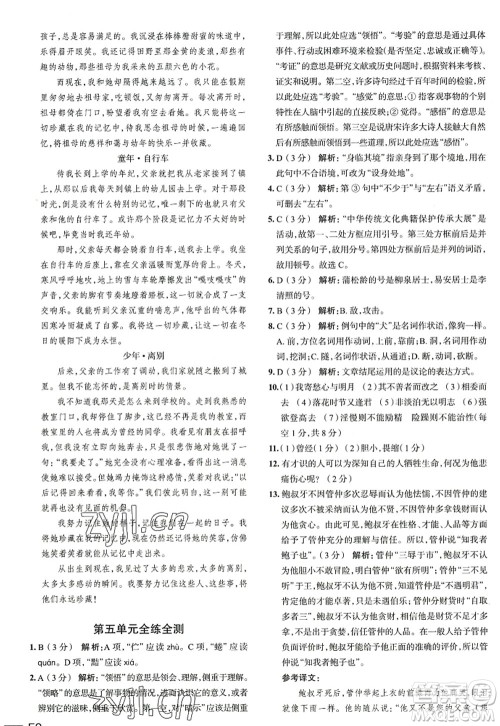 陕西人民教育出版社2022中学教材全练七年级语文上册人教版天津专用答案