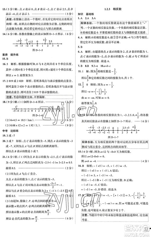 陕西人民教育出版社2022中学教材全练七年级数学上册RJ人教版天津专用答案