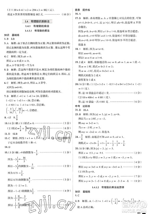 陕西人民教育出版社2022中学教材全练七年级数学上册RJ人教版天津专用答案