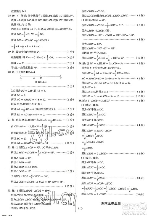 陕西人民教育出版社2022中学教材全练七年级数学上册RJ人教版天津专用答案