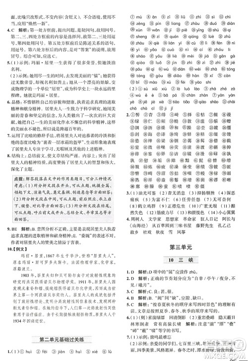 陕西人民教育出版社2022中学教材全练八年级语文上册人教版天津专用答案