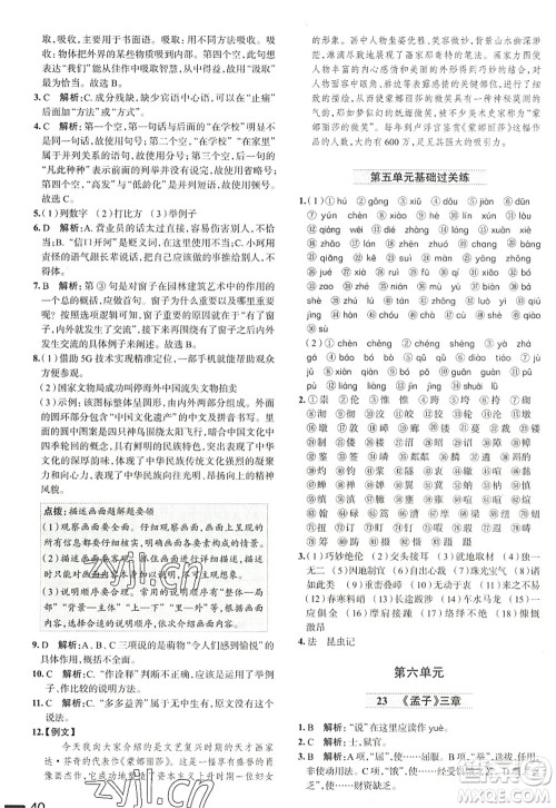 陕西人民教育出版社2022中学教材全练八年级语文上册人教版天津专用答案