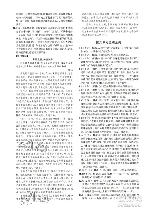 陕西人民教育出版社2022中学教材全练八年级语文上册人教版天津专用答案