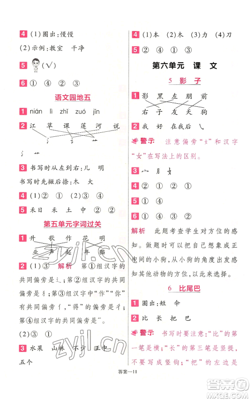 南京师范大学出版社2022秋季一遍过一年级上册语文人教版参考答案 南京师范大学出版社2022秋季一遍过一年级上册语文人教版参考答案