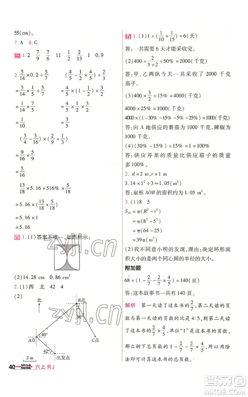 南京师范大学出版社2022秋季一遍过六年级上册数学人教版参考答案