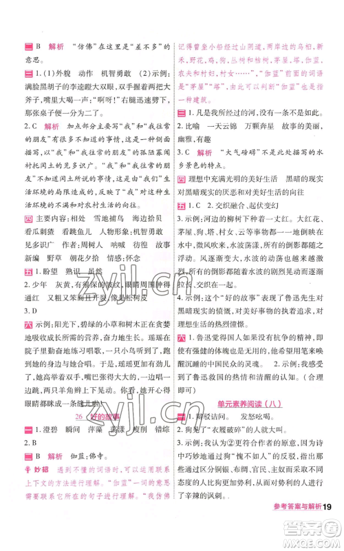 南京师范大学出版社2022秋季一遍过六年级上册语文人教版参考答案
