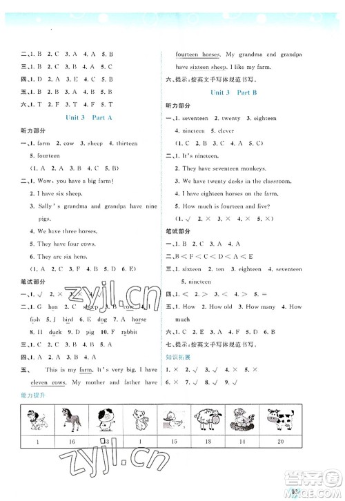 广西师范大学出版社2022新课程学习与测评同步学习四年级英语上册福建教育版答案